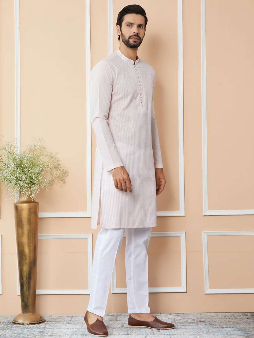 men solid with work mandarin neck long kurta - 22392158 -  Standard Image - 3