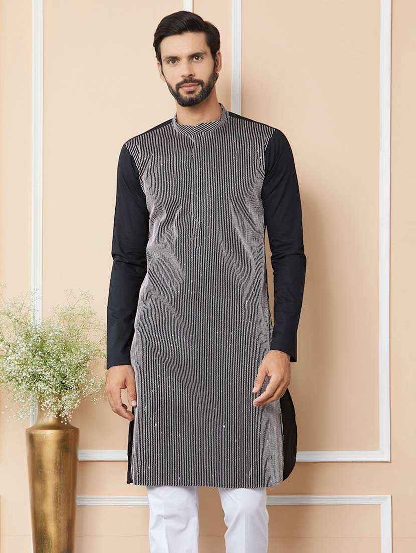men solid with work mandarin neck long kurta