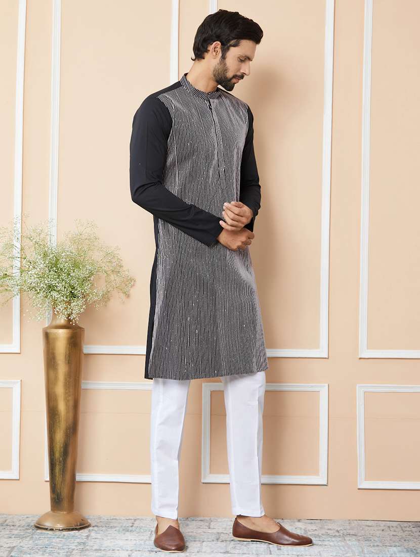 men solid with work mandarin neck long kurta - 22392159 -  Standard Image - 3