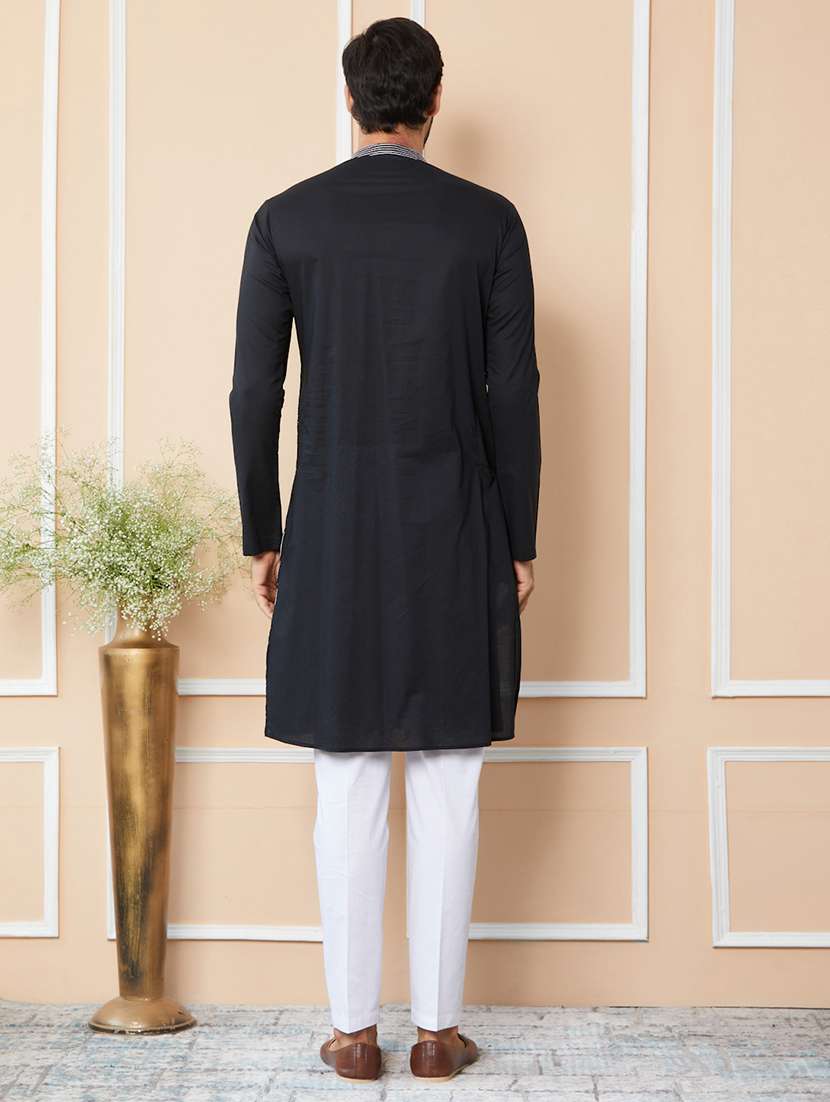 men solid with work mandarin neck long kurta - 22392159 -  Standard Image - 5
