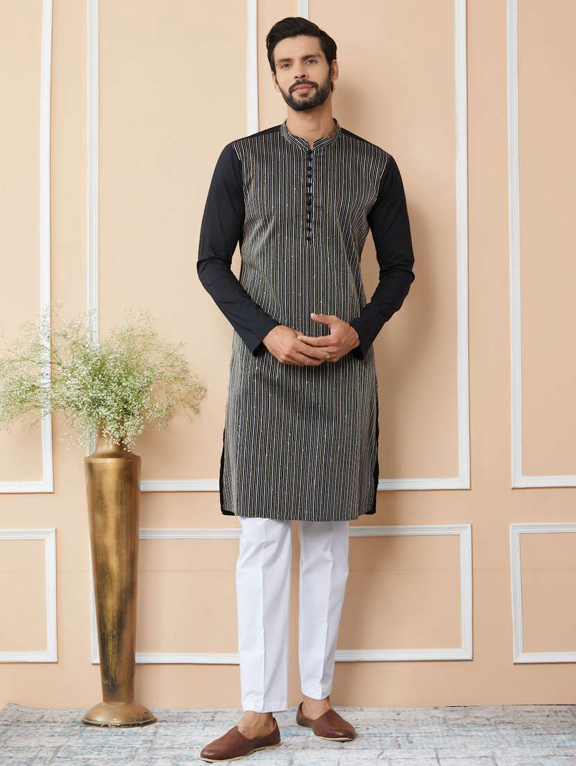 men solid with work mandarin neck long kurta