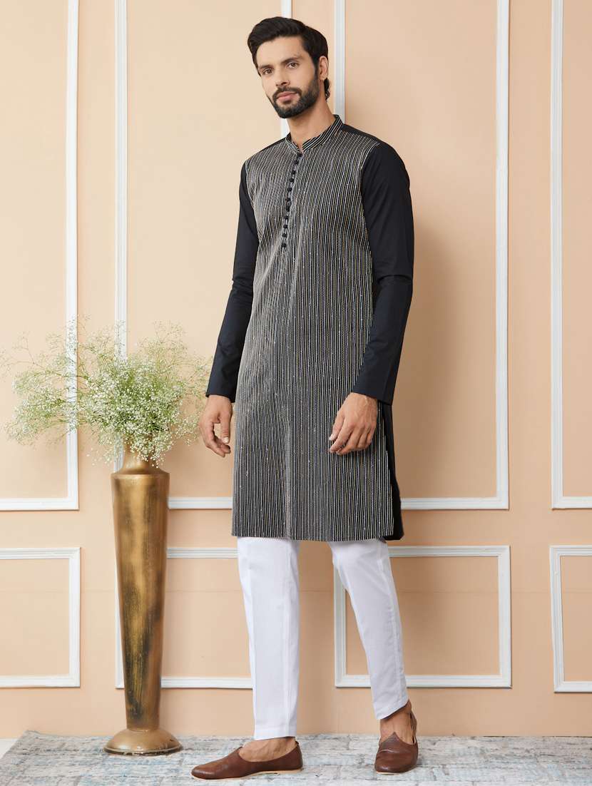 men solid with work mandarin neck long kurta - 22392161 -  Standard Image - 3