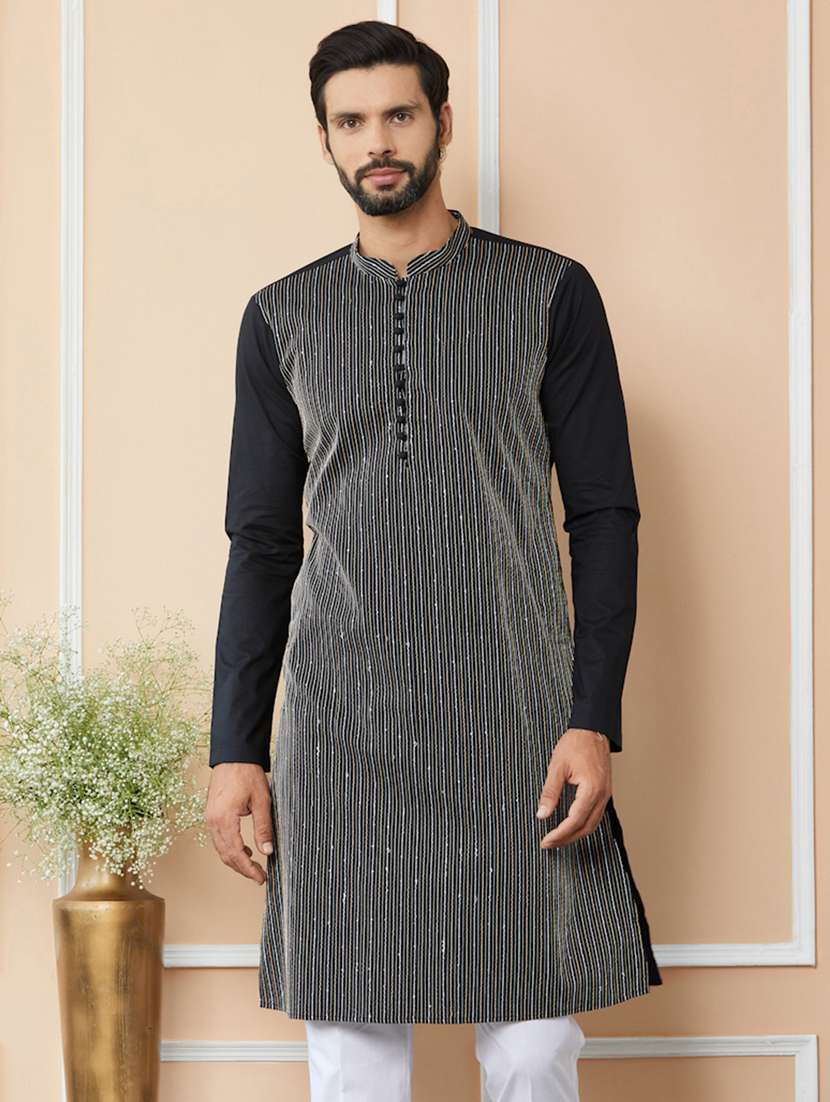 men solid with work mandarin neck long kurta - 22392161 -  Standard Image - 5