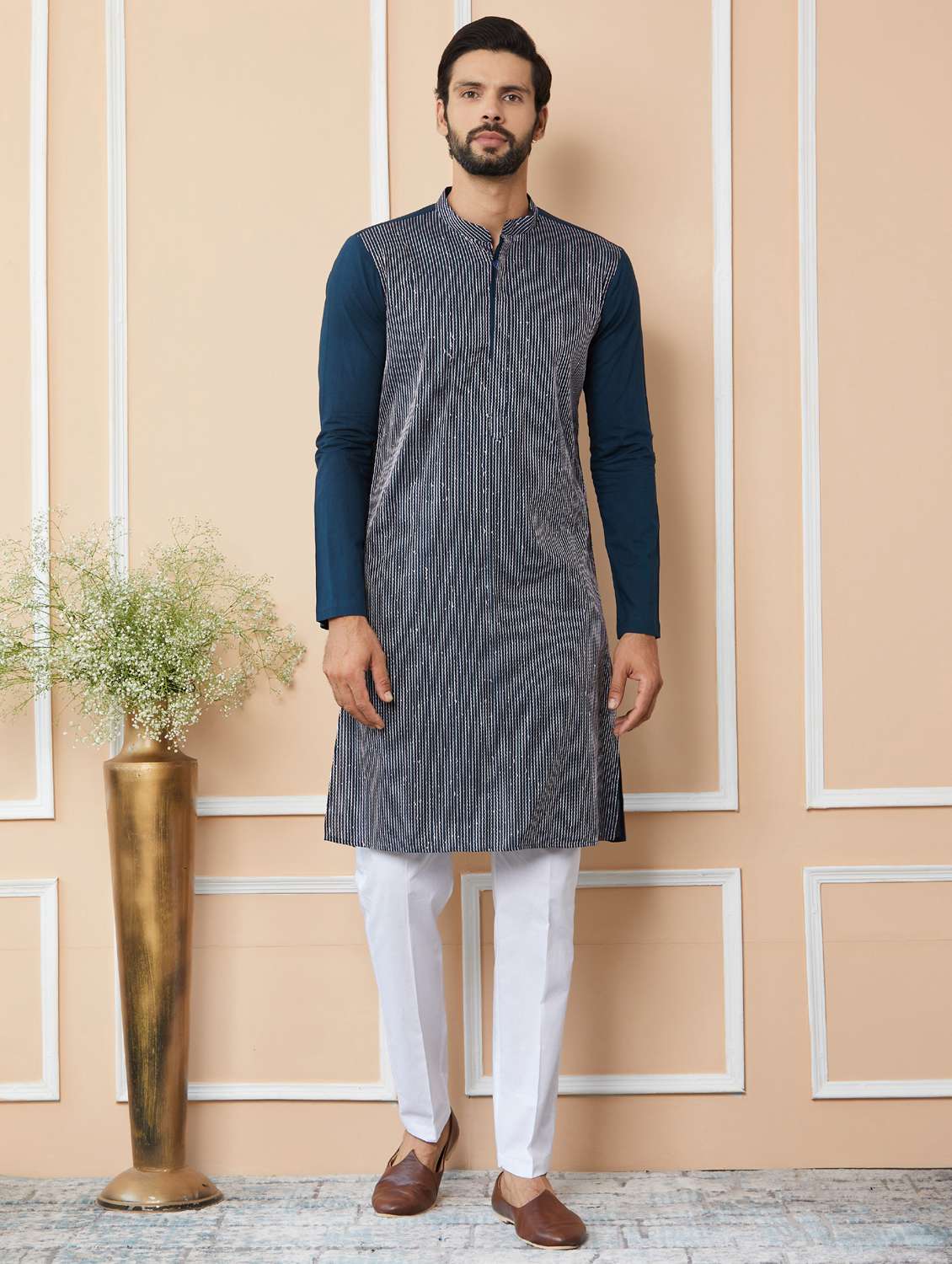 men solid with work mandarin neck long kurta