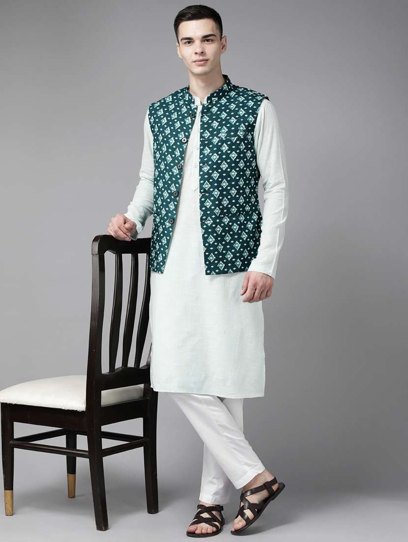 men printed sleeveless nehru jacket