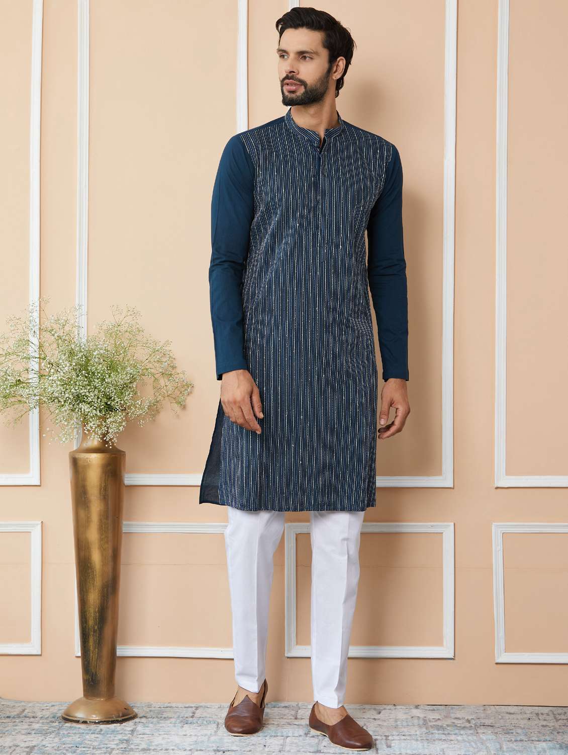 men solid with work mandarin neck long kurta