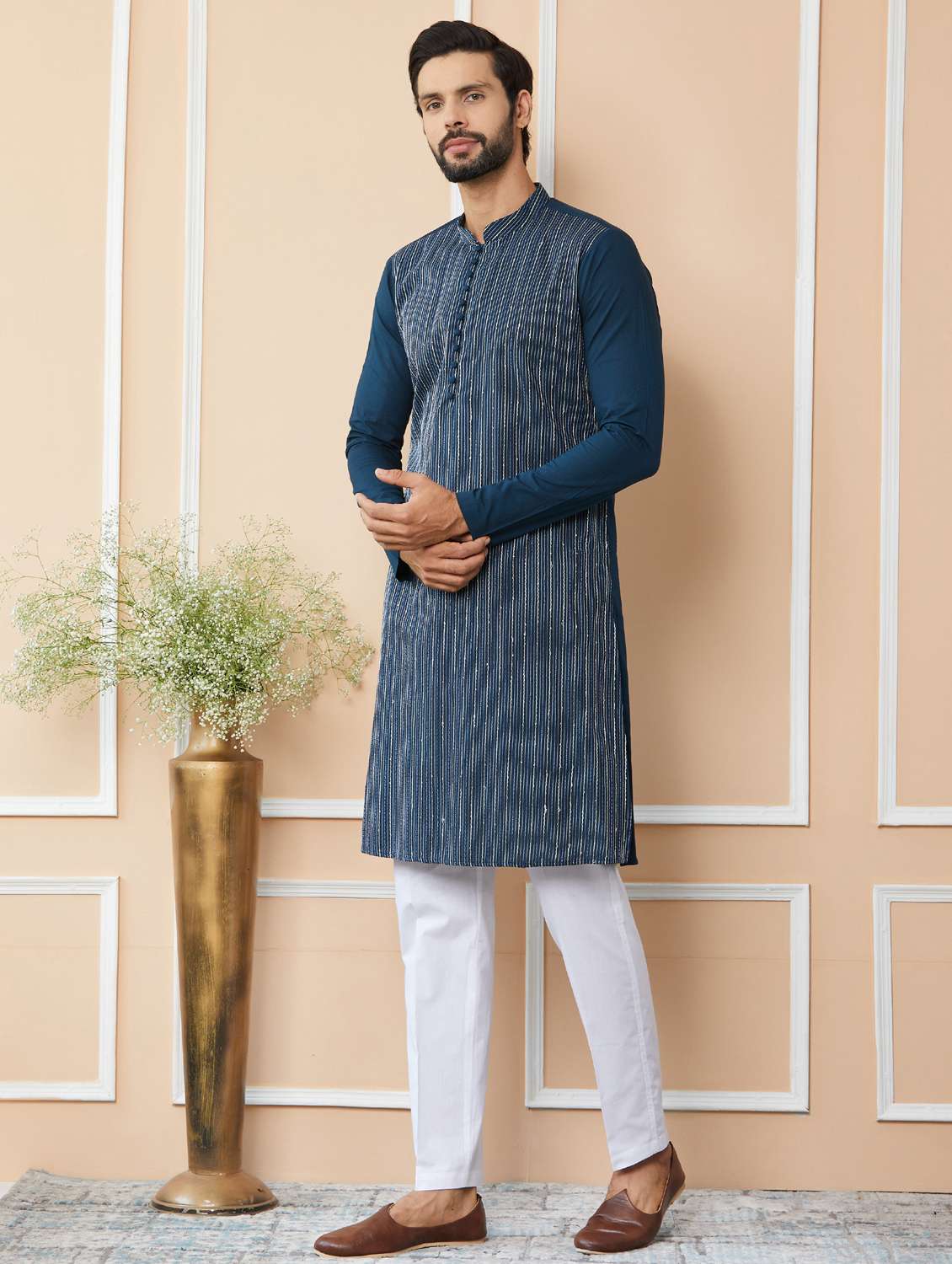 men solid with work mandarin neck long kurta