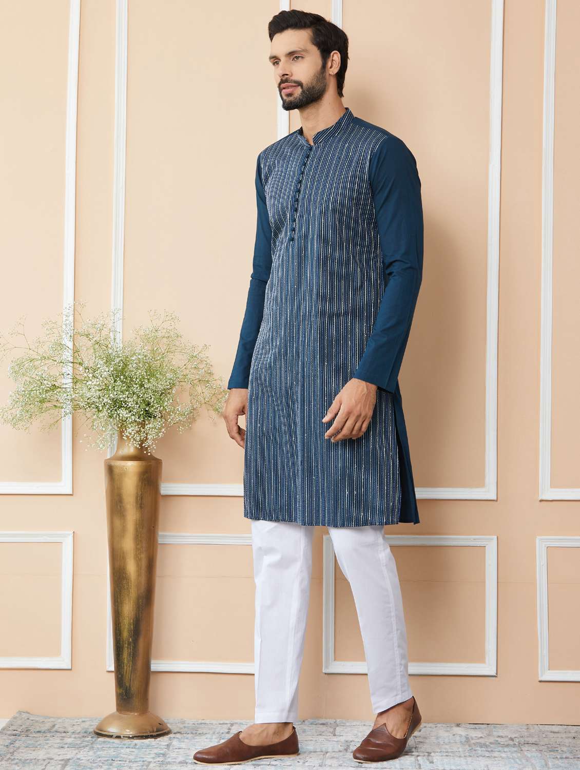 men solid with work mandarin neck long kurta - 22392175 -  Standard Image - 3