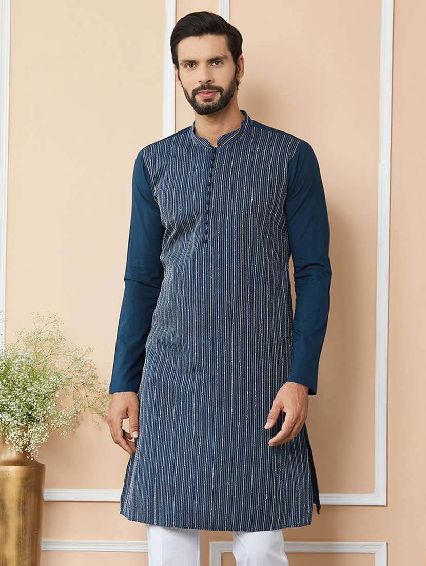 men solid with work mandarin neck long kurta - 22392175 -  Standard Image - 5