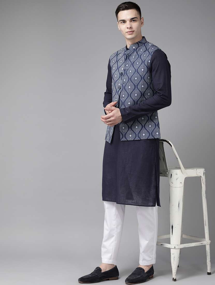 men printed sleeveless nehru jacket