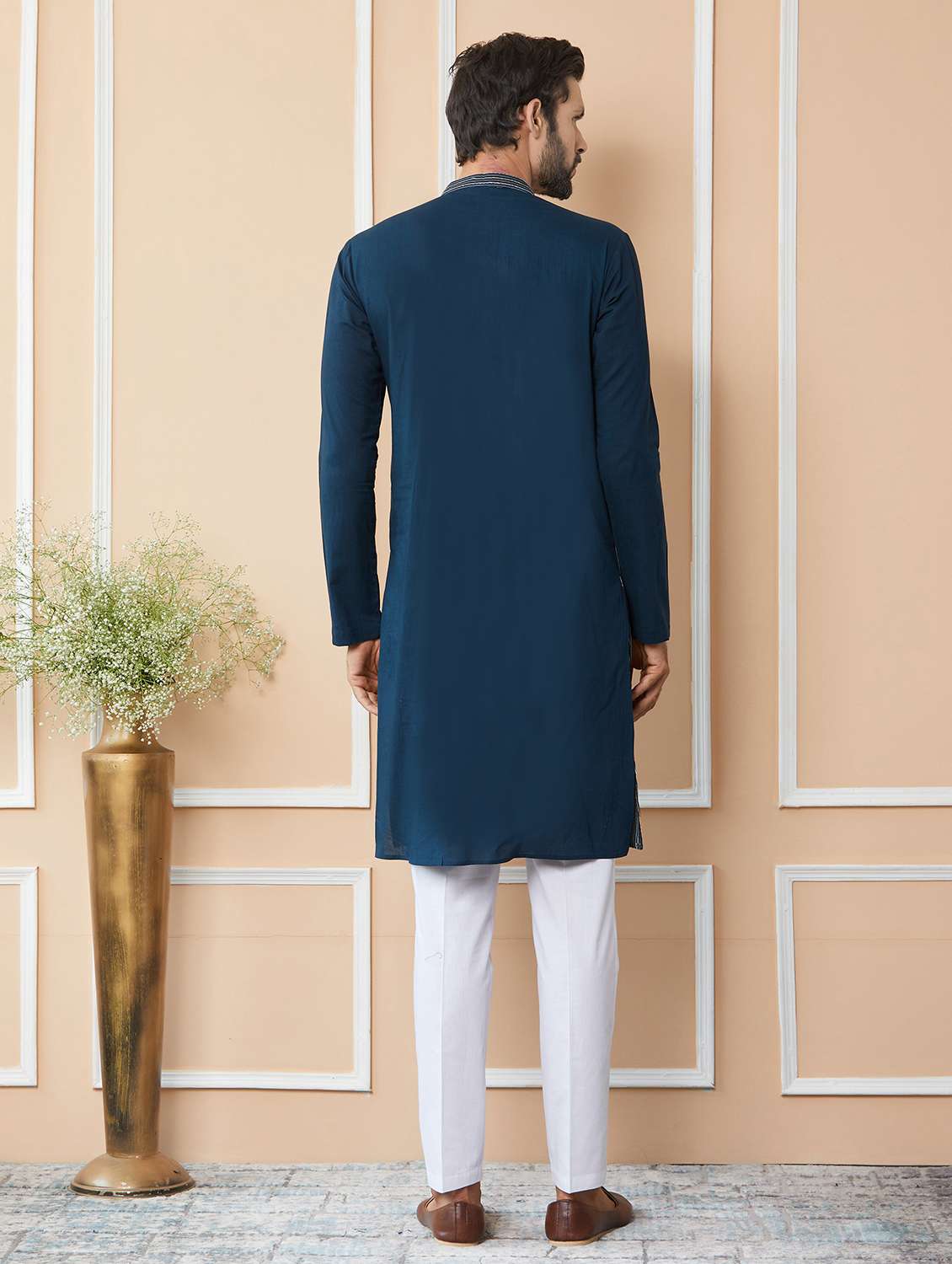 men solid with work mandarin neck long kurta - 22392178 -  Standard Image - 5