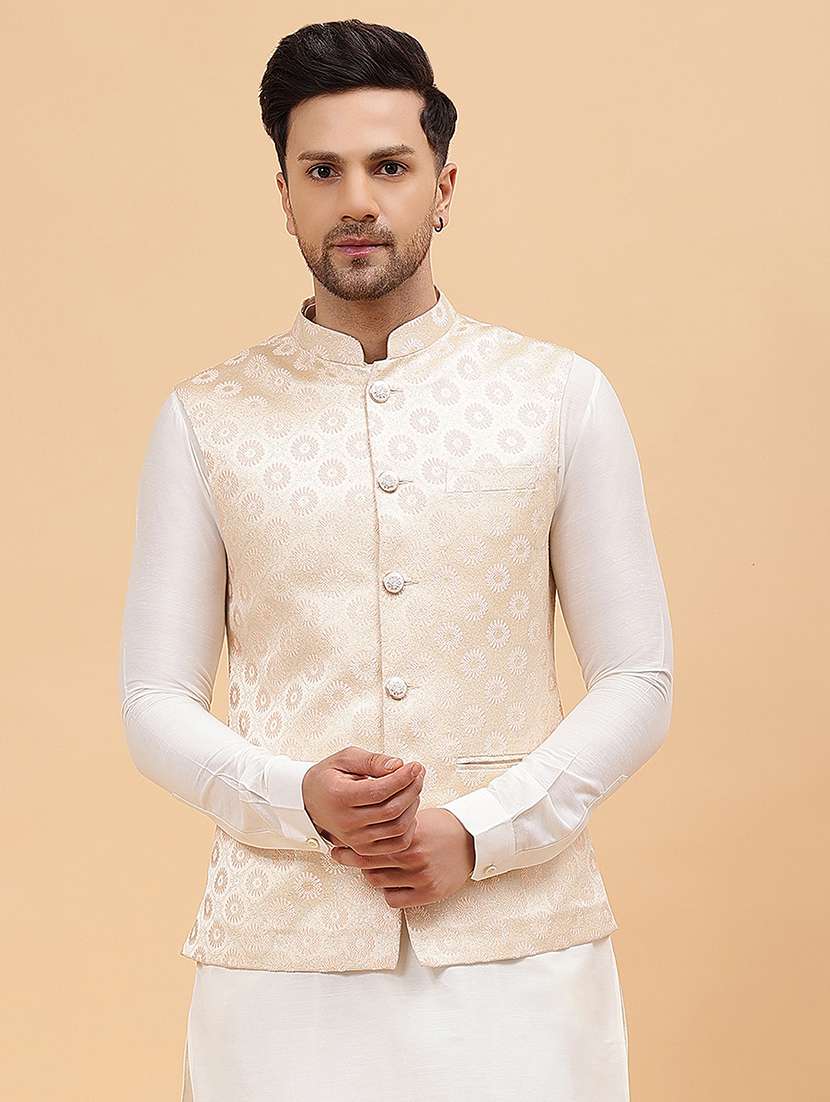 men self design sleeveless nehru jacket
