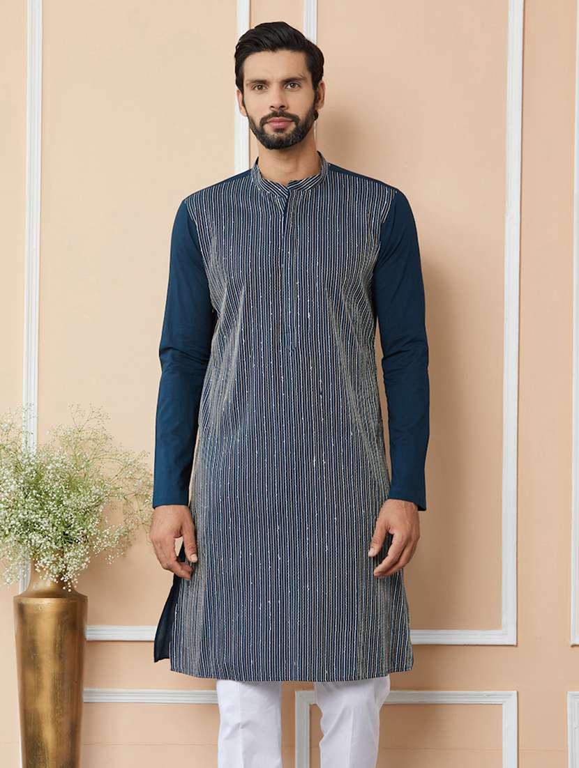 men solid with work mandarin neck long kurta