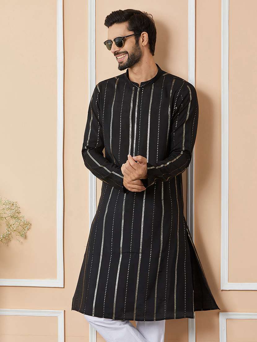 men solid with work mandarin neck long kurta