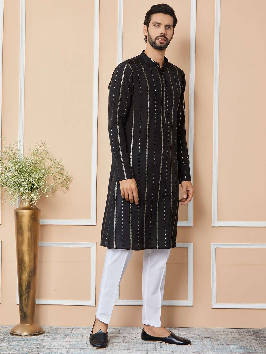 men solid with work mandarin neck long kurta - 22392184 -  Standard Image - 3