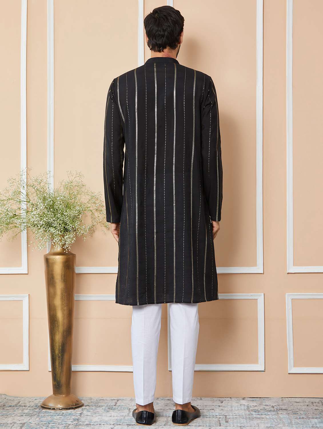 men solid with work mandarin neck long kurta - 22392184 -  Standard Image - 5