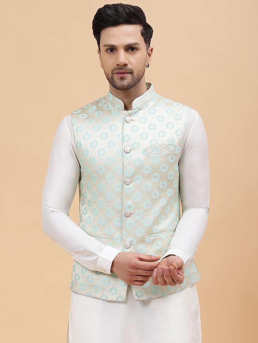men self design sleeveless nehru jacket