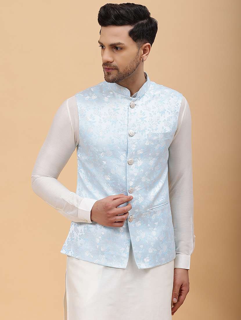men printed sleeveless nehru jacket