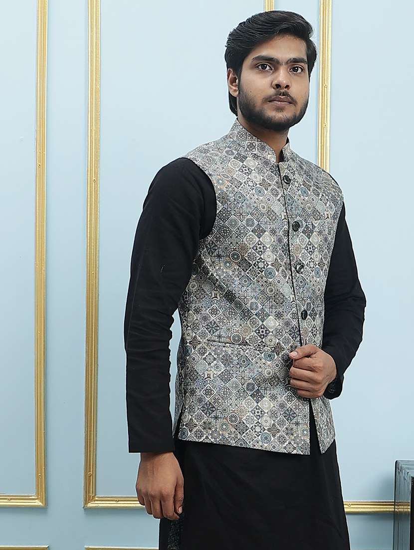 men printed sleeveless nehru jacket - 22392197 -  Standard Image - 3