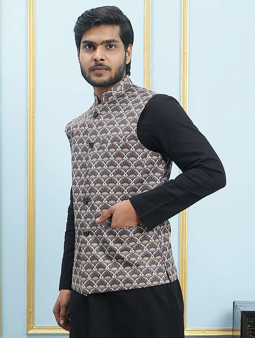 men printed sleeveless nehru jacket - 22392199 -  Standard Image - 3