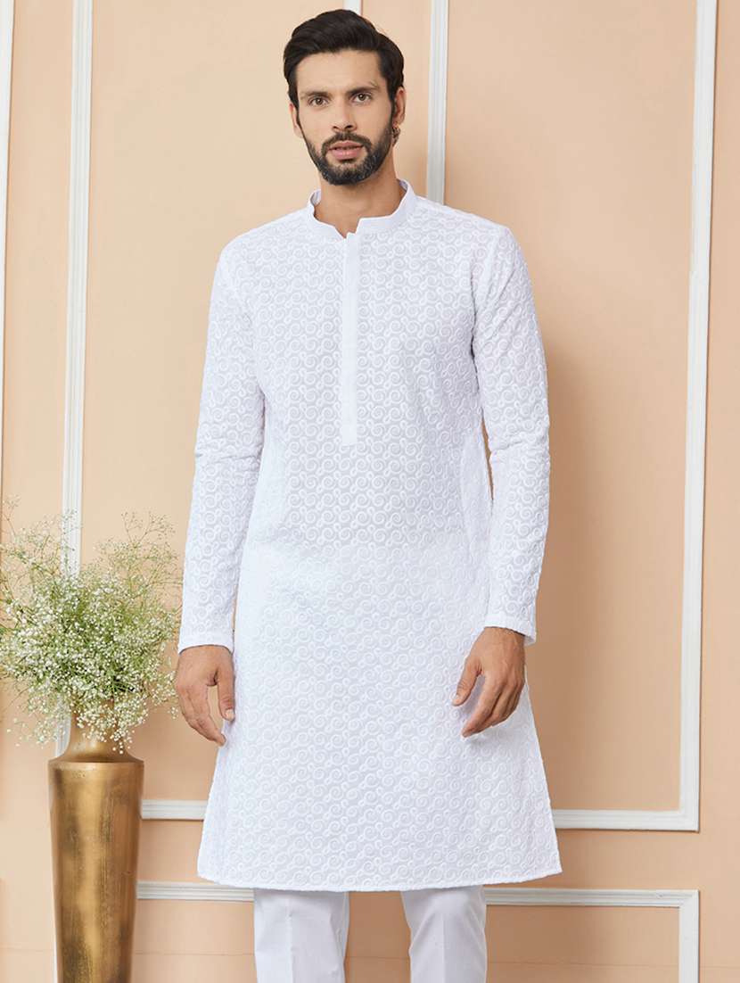 men solid with work mandarin neck long kurta