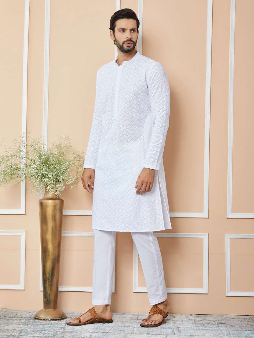 men solid with work mandarin neck long kurta - 22392221 -  Standard Image - 3