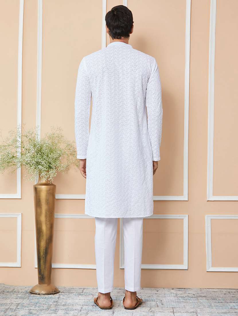 men solid with work mandarin neck long kurta - 22392221 -  Standard Image - 5