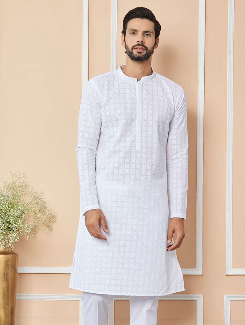 men solid with work mandarin neck long kurta