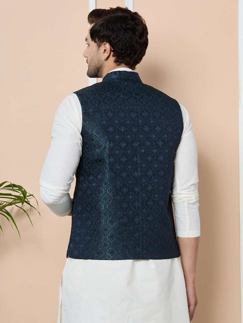 men self design mandarin neck nehru jacket - 22392232 -  Standard Image - 3