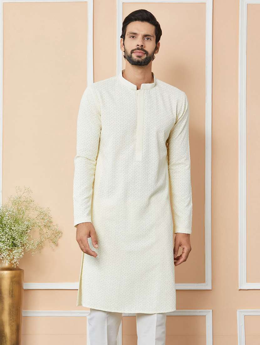 men solid with work mandarin neck long kurta