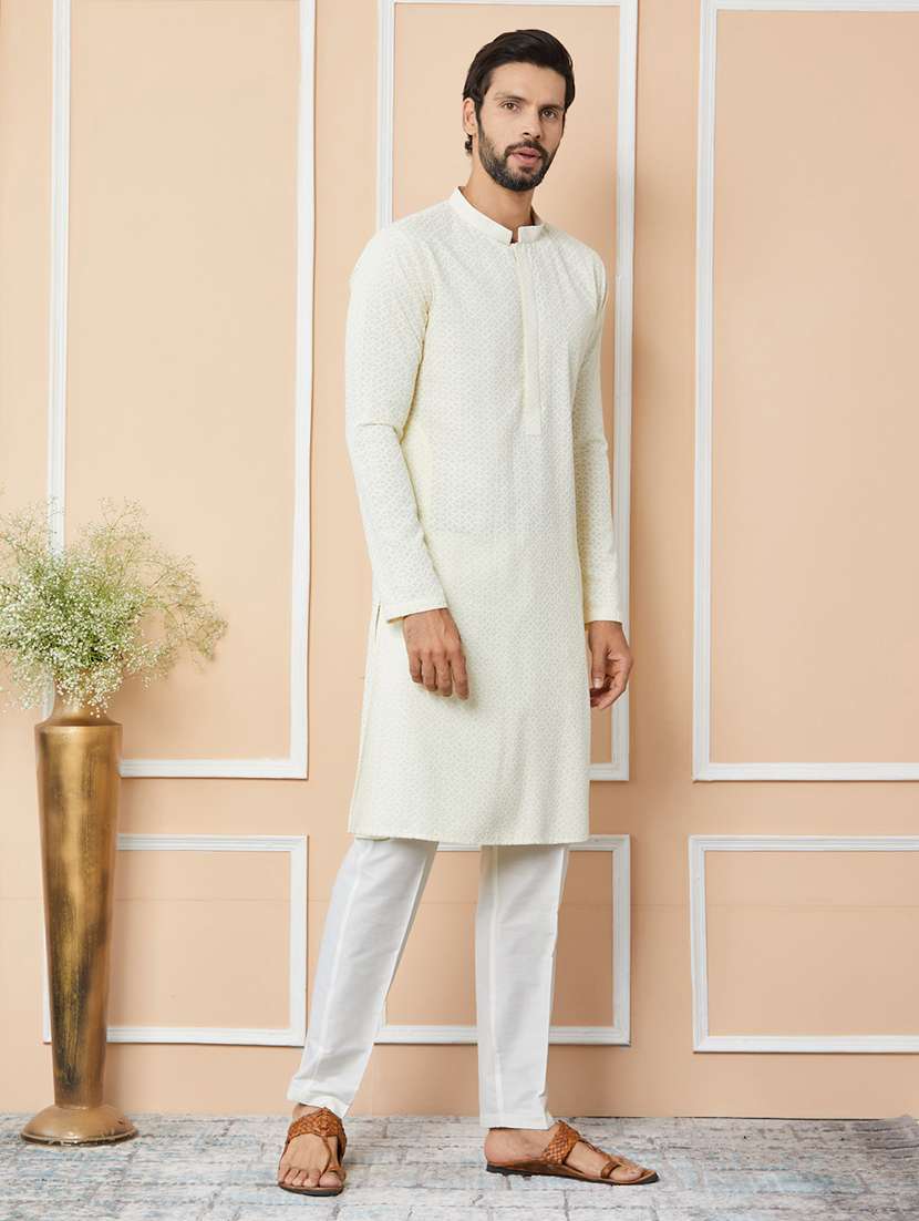 men solid with work mandarin neck long kurta - 22392233 -  Standard Image - 3