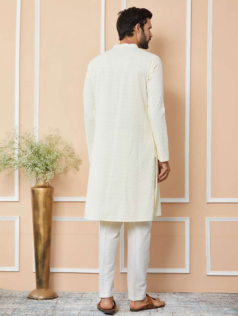men solid with work mandarin neck long kurta - 22392233 -  Standard Image - 5
