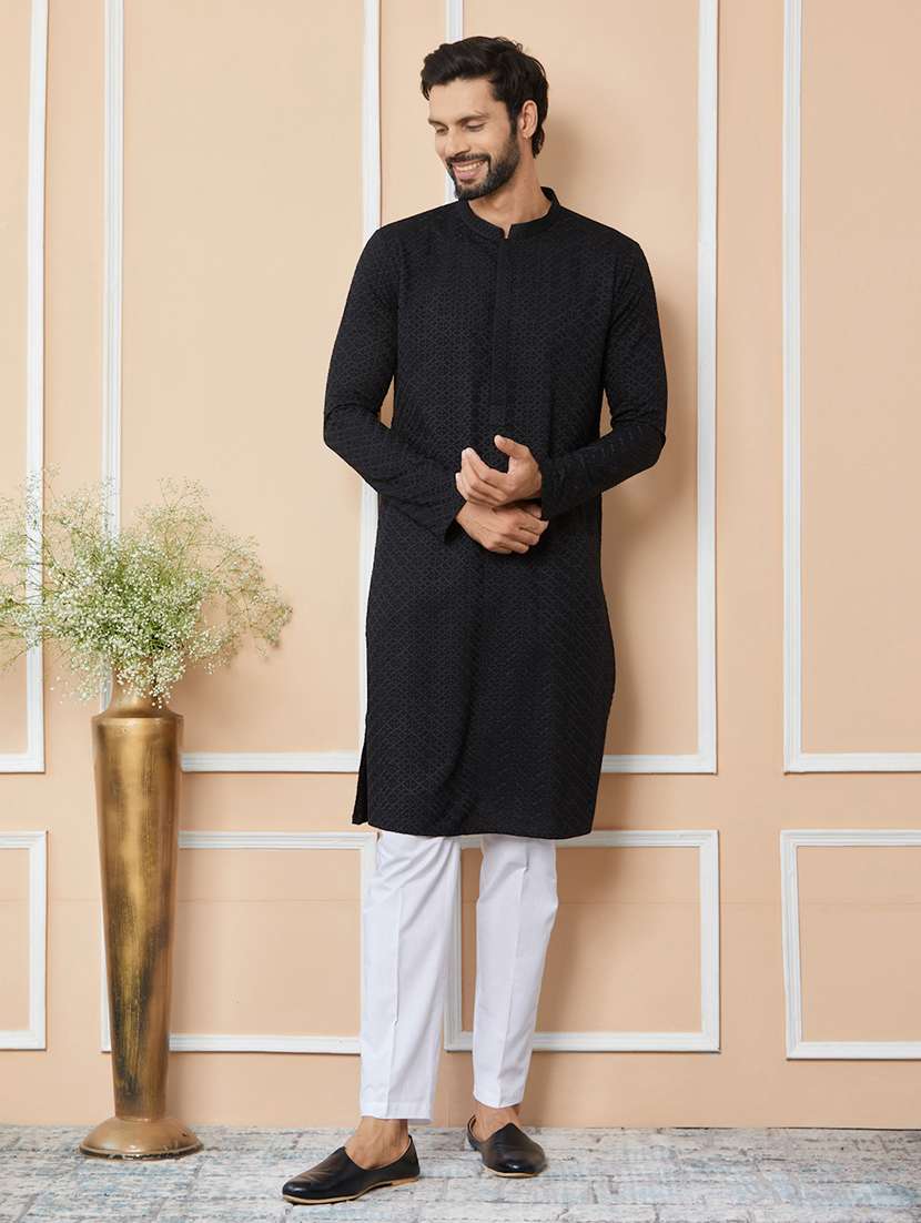 men solid with work mandarin neck long kurta