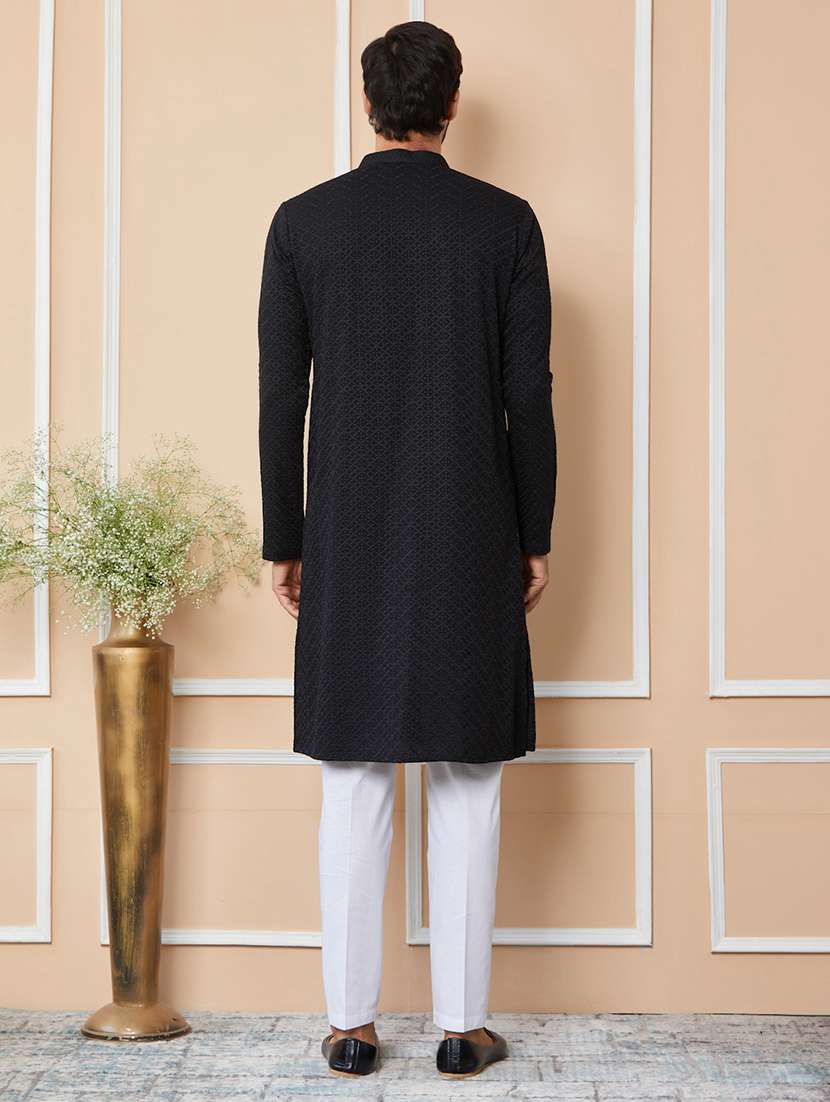 men solid with work mandarin neck long kurta - 22392238 -  Standard Image - 5