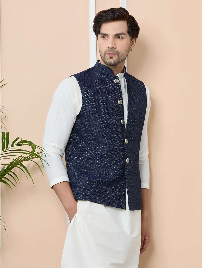 men self design mandarin neck nehru jacket - 22392240 -  Standard Image - 3