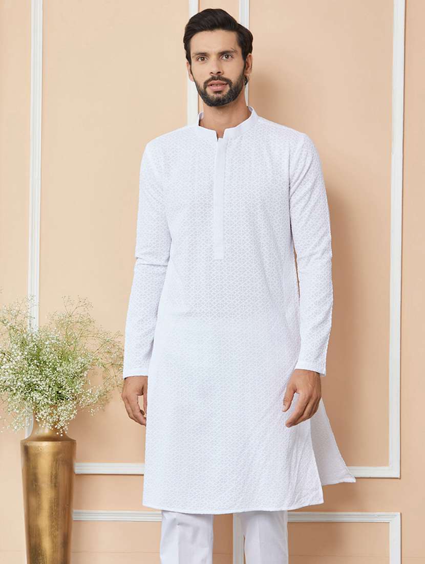 men solid with work mandarin neck long kurta