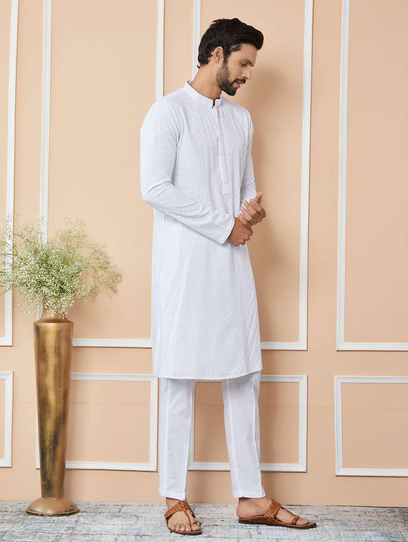 men solid with work mandarin neck long kurta - 22392241 -  Standard Image - 3