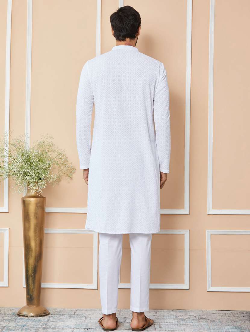 men solid with work mandarin neck long kurta - 22392241 -  Standard Image - 5