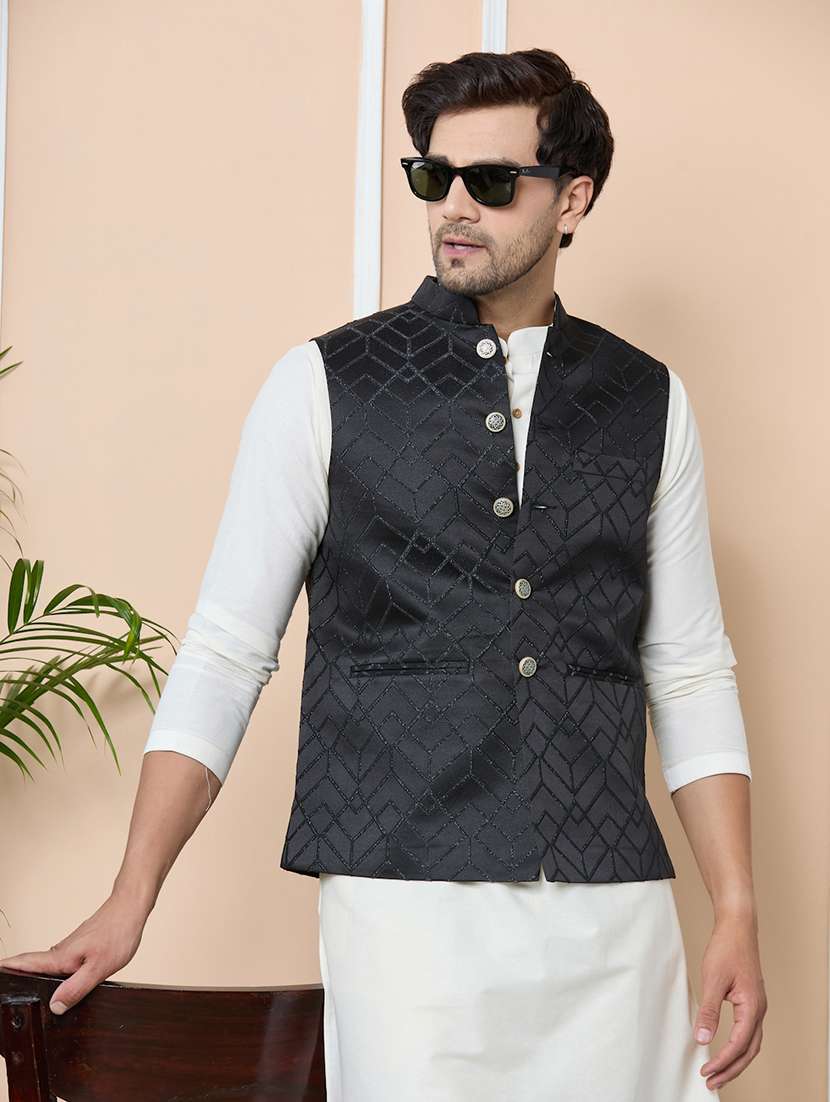 men self design mandarin neck nehru jacket