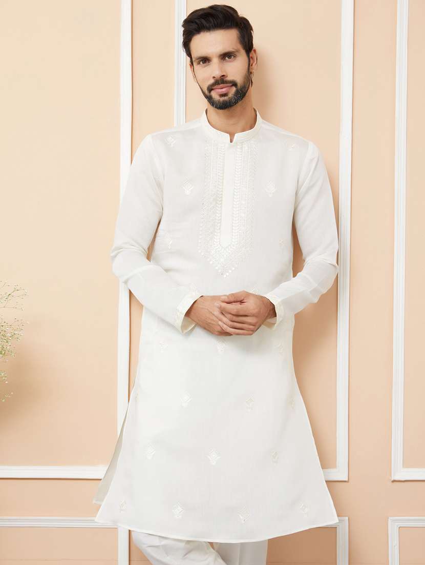 men solid with work mandarin neck long kurta