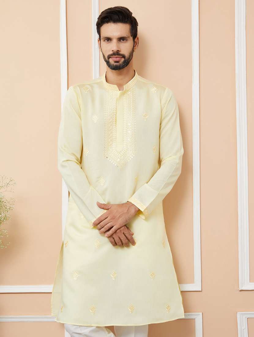 men solid with work mandarin neck long kurta