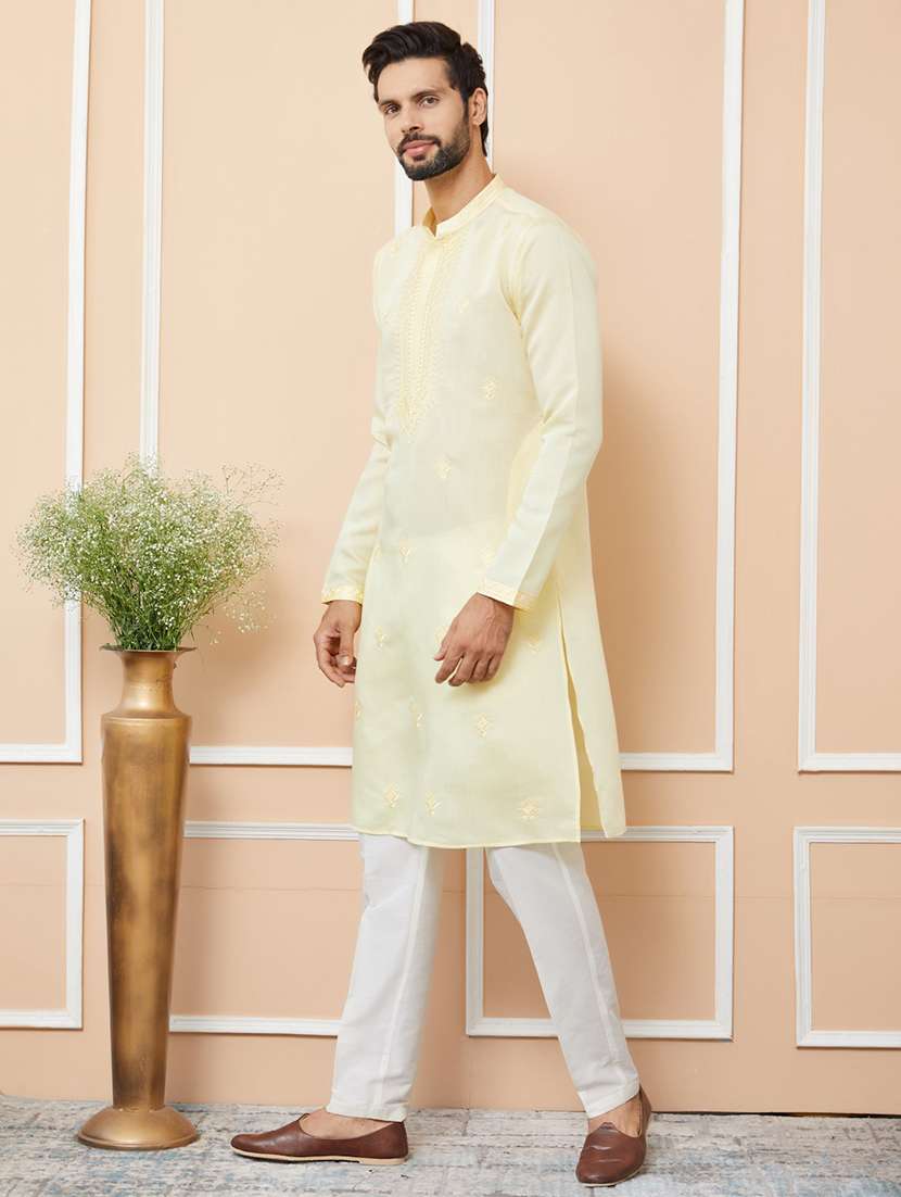 men solid with work mandarin neck long kurta - 22392252 -  Standard Image - 3