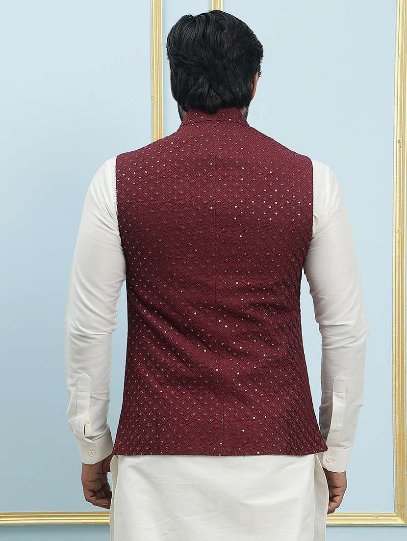 men solid with work mandarin neck nehru jacket - 22392260 -  Standard Image - 3