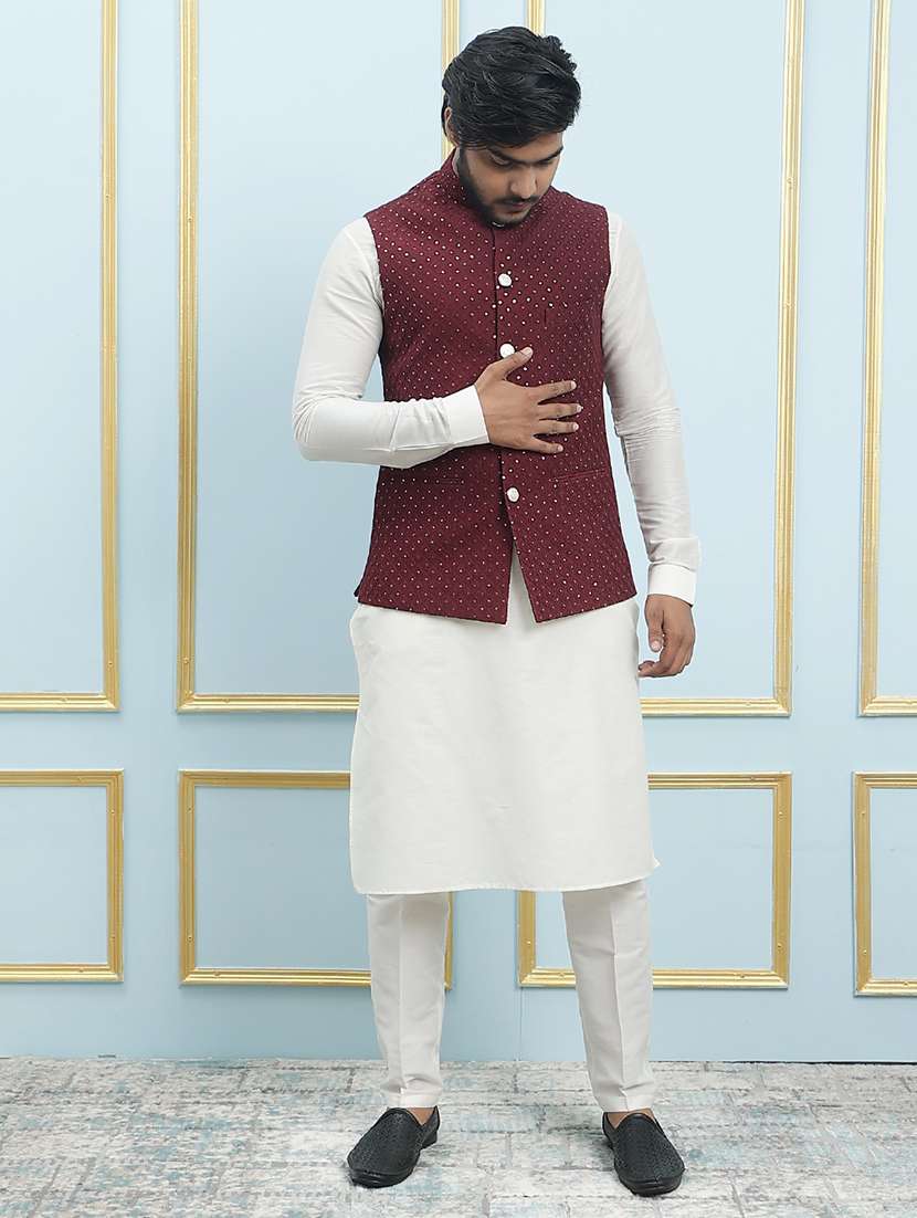 men solid with work mandarin neck nehru jacket - 22392260 -  Standard Image - 5