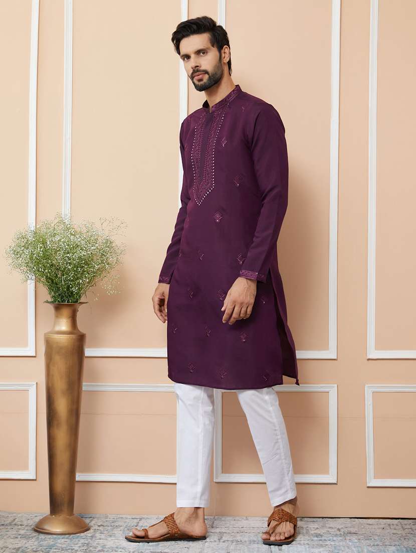 men solid with work mandarin neck long kurta - 22392269 -  Standard Image - 3
