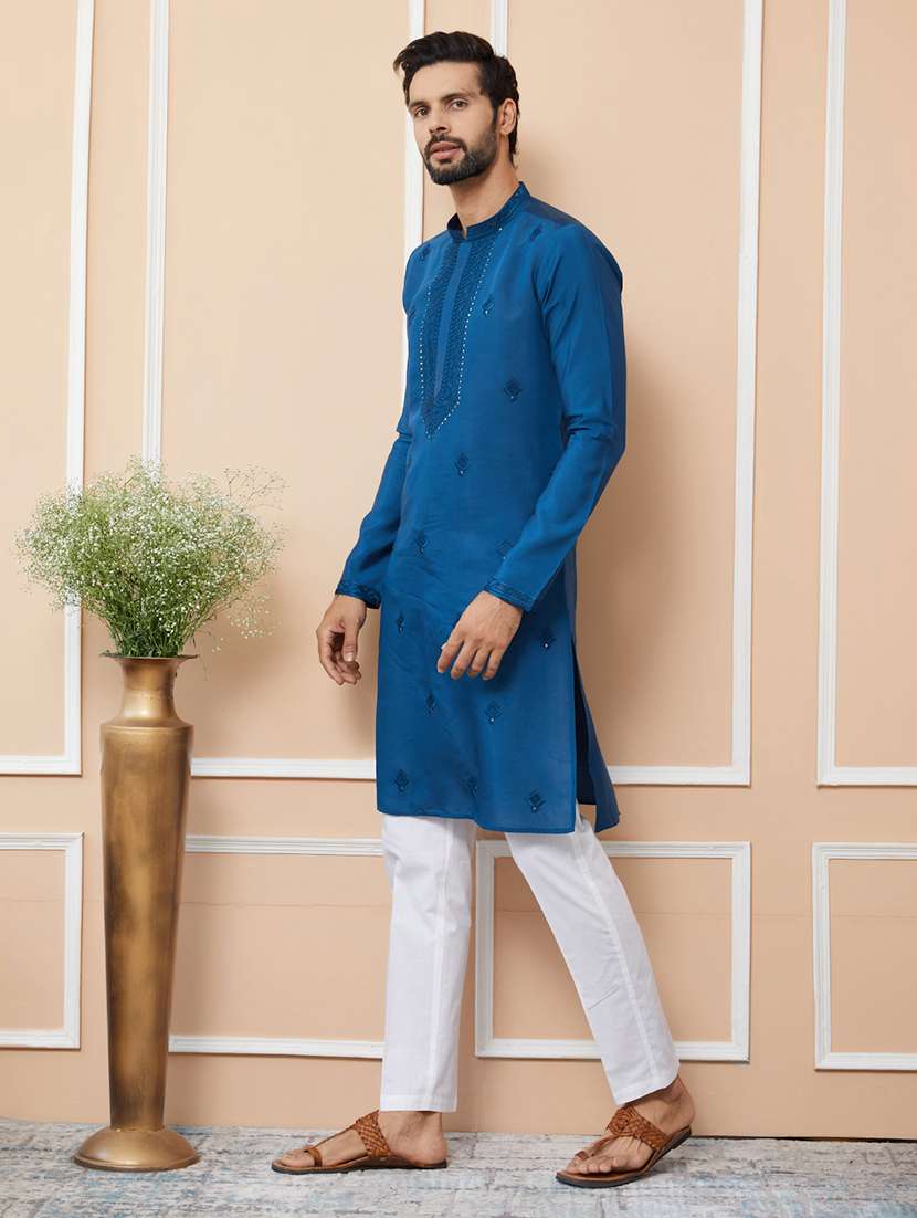 men solid with work mandarin neck long kurta - 22392271 -  Standard Image - 3