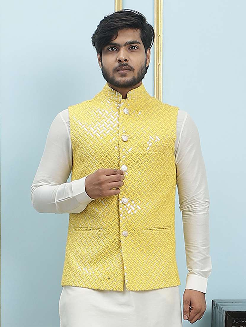 men solid with work mandarin neck nehru jacket