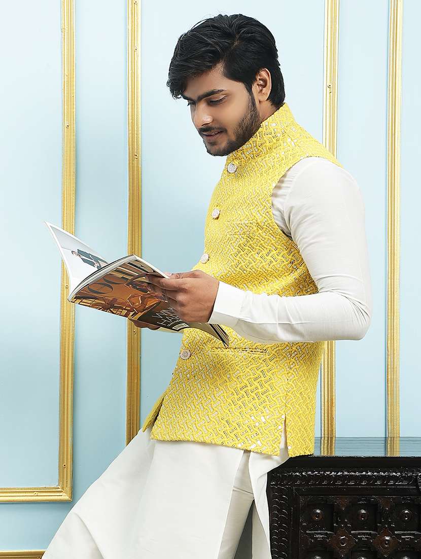 men solid with work mandarin neck nehru jacket - 22392272 -  Standard Image - 3