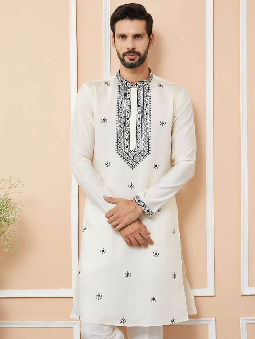 men solid with work mandarin neck long kurta