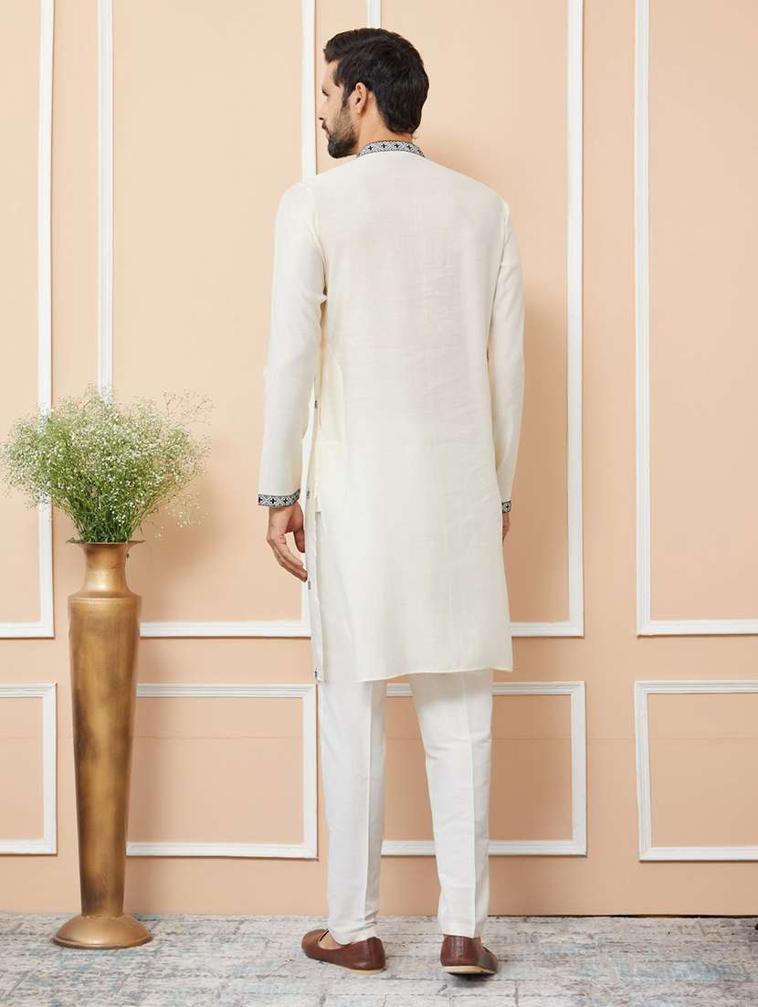 men solid with work mandarin neck long kurta - 22392277 -  Standard Image - 5